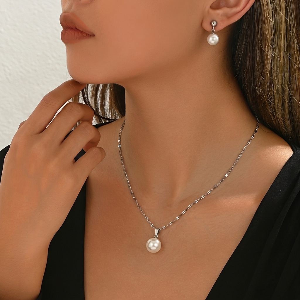2pc Faux Pearl Necklace & Stud Earrings Set, Elegant Style